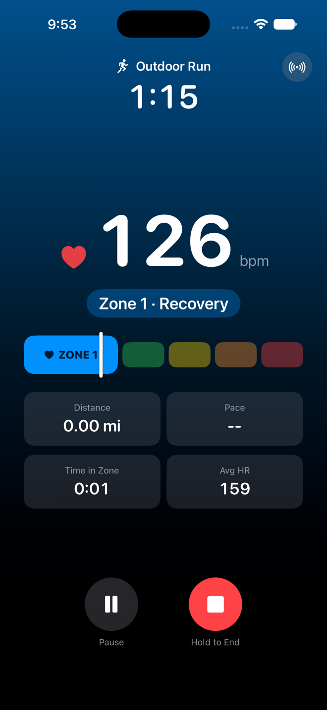 FitZones live workout screen in zone 1: blue background