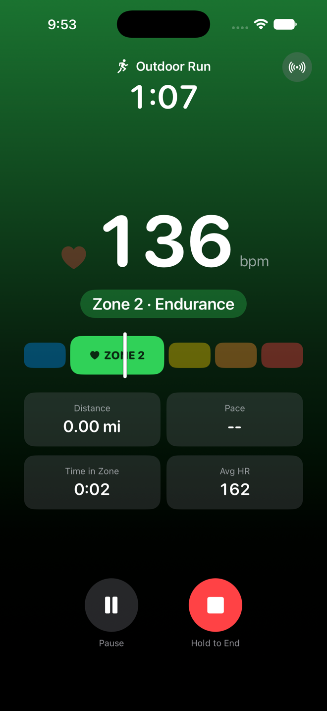 FitZones live workout screen in zone 2: green background