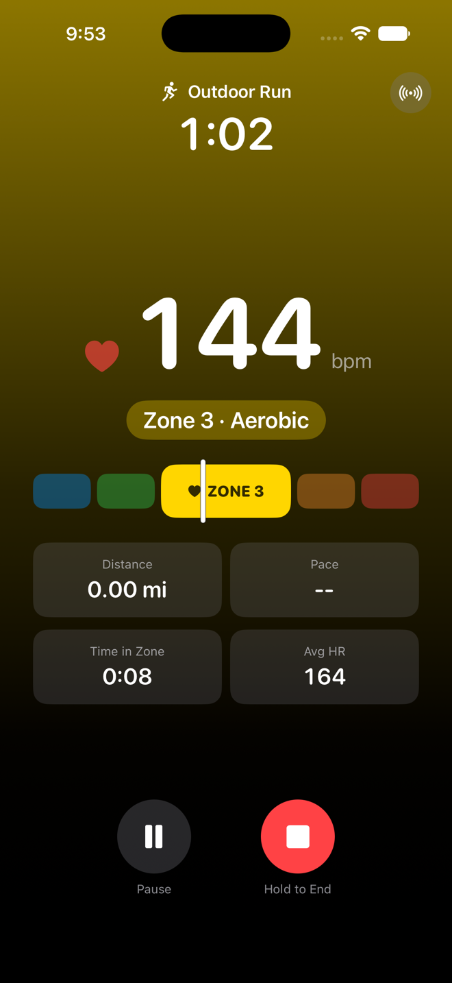 FitZones live workout screen in zone 3: yellow background