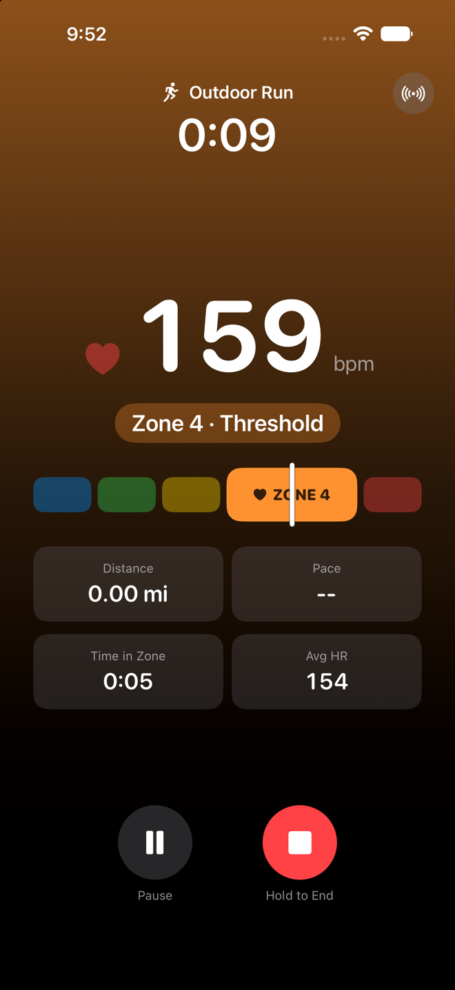 FitZones live workout screen in zone 4: orange background