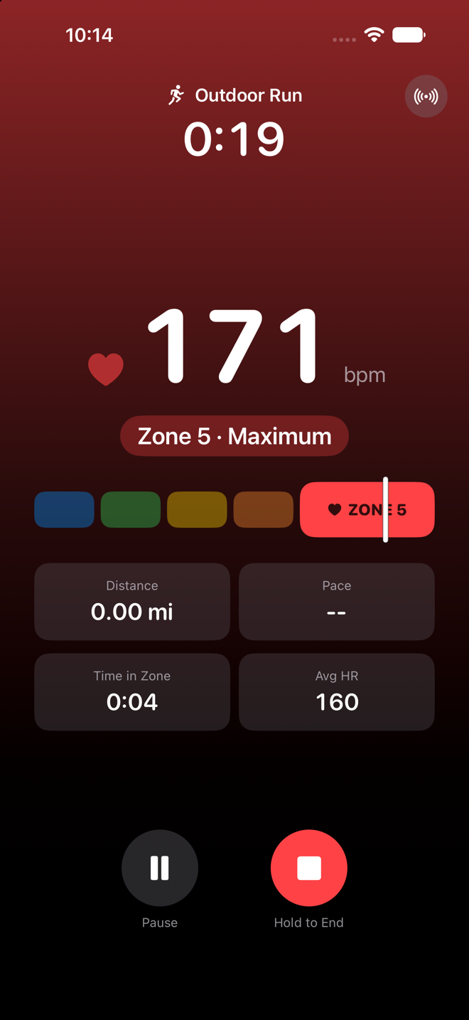 FitZones live workout screen in zone 5: red background